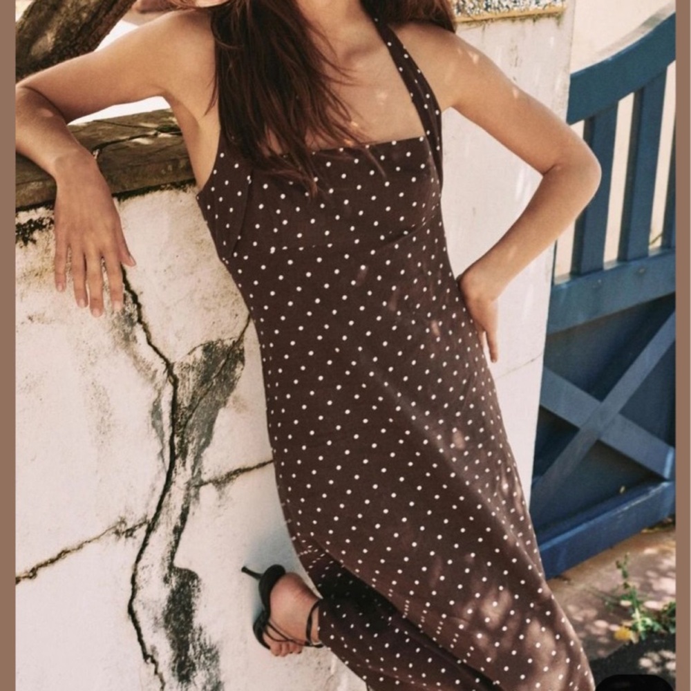 Zara brown linen polka dot halter midi dress - Picture 2 of 6